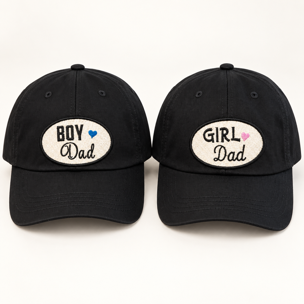 Black adjustable Boy Dad and Girl Dad hats with embroidered oval patches