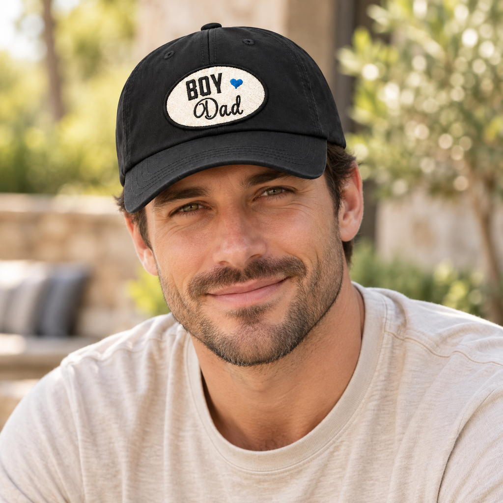 Male model wearing a black Boy Dad embroidered patch hat
