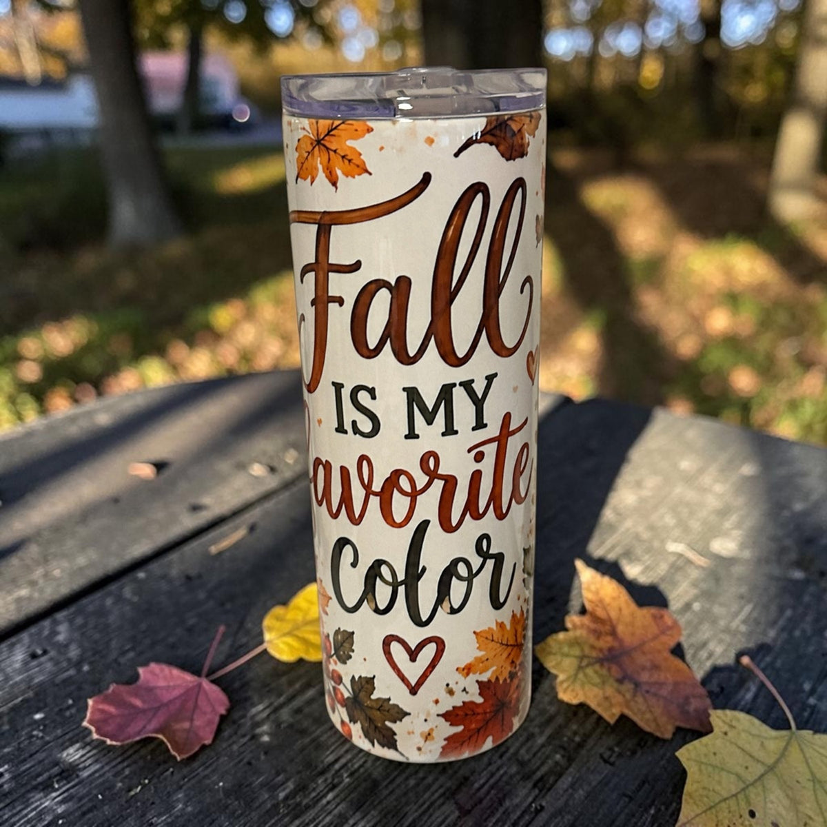 Cozy Fall Skinny Tumbler 20 Oz With Autumn Leaf Design And Clear Lid - Nonna J's