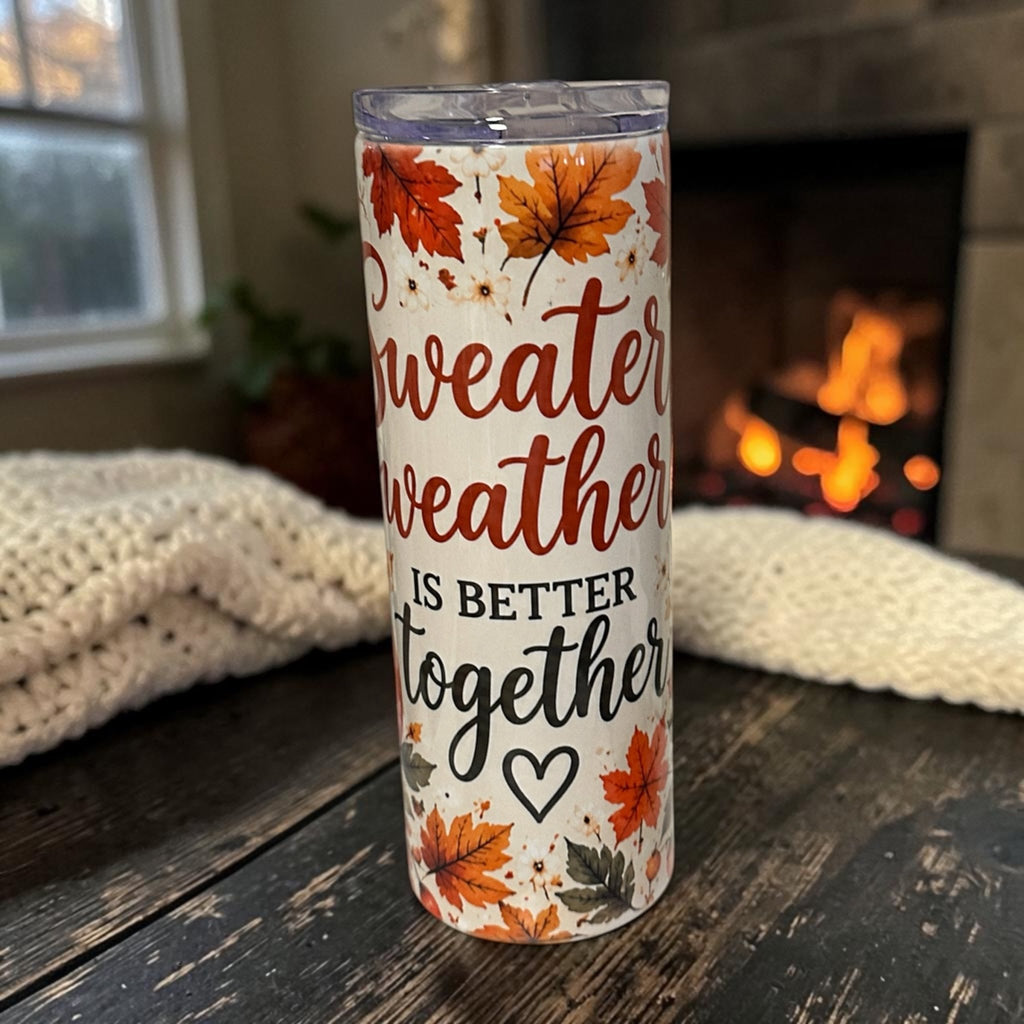 Cozy Fall Skinny Tumbler 20 Oz With Autumn Leaf Design And Clear Lid - Nonna J's