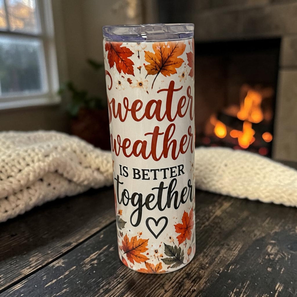 Cozy Fall Skinny Tumbler 20 Oz With Autumn Leaf Design And Clear Lid - Nonna J's