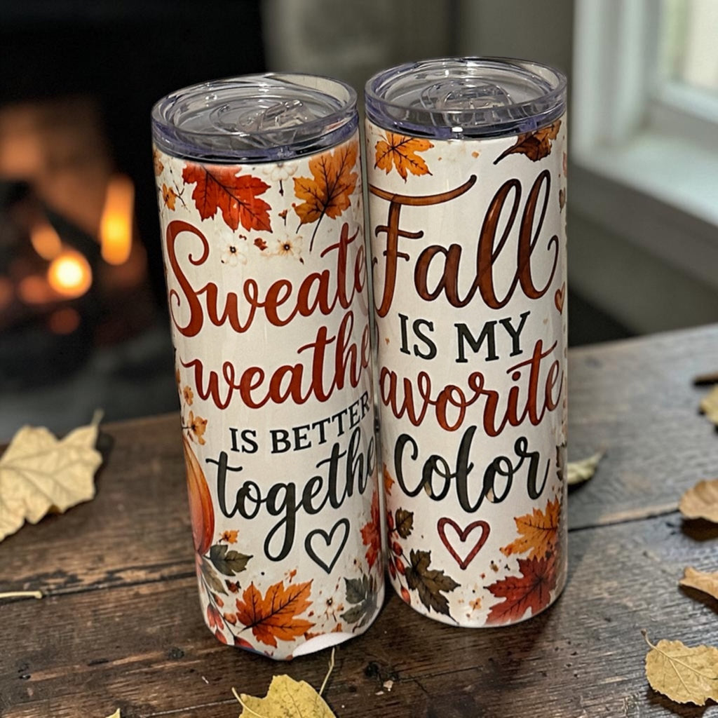 Cozy Fall Skinny Tumbler 20 Oz With Autumn Leaf Design And Clear Lid - Nonna J's