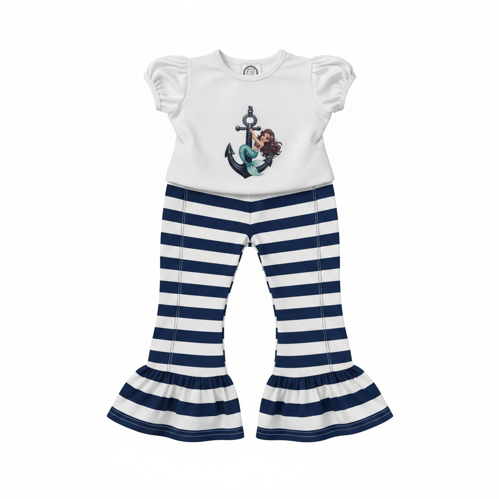 Glitter Mermaid Outfit Navy Striped Pants For Girls - Nonna J's