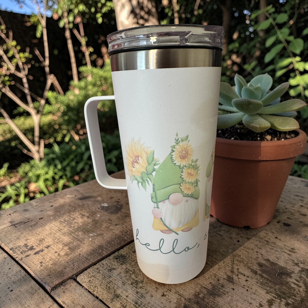 Hello Sunshine 20Oz Stainless Steel Tumbler With Handle Cute Gnomes Design - Nonna J's