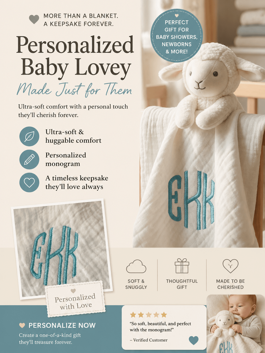 Lamb Lovey With Monogram Baby Security Blanket - Nonna J's