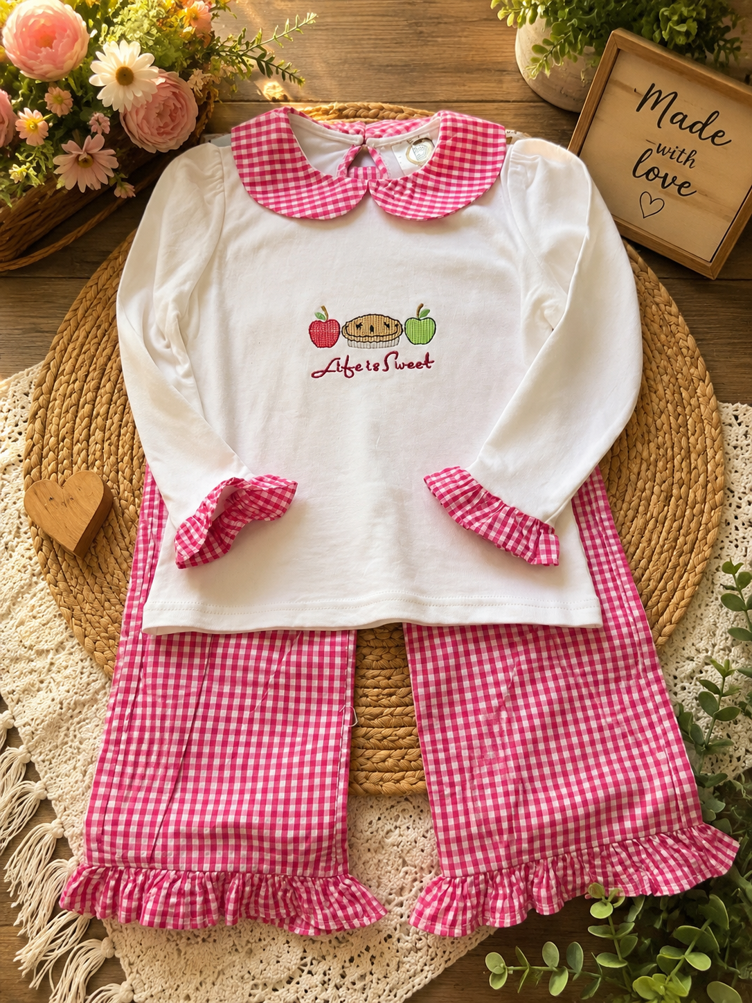 Life is Sweet Gingham Girls Outfit with Ruffled Sleeves and pants - Embroidered Apple Pie with Life is Sweet - Nonna J's