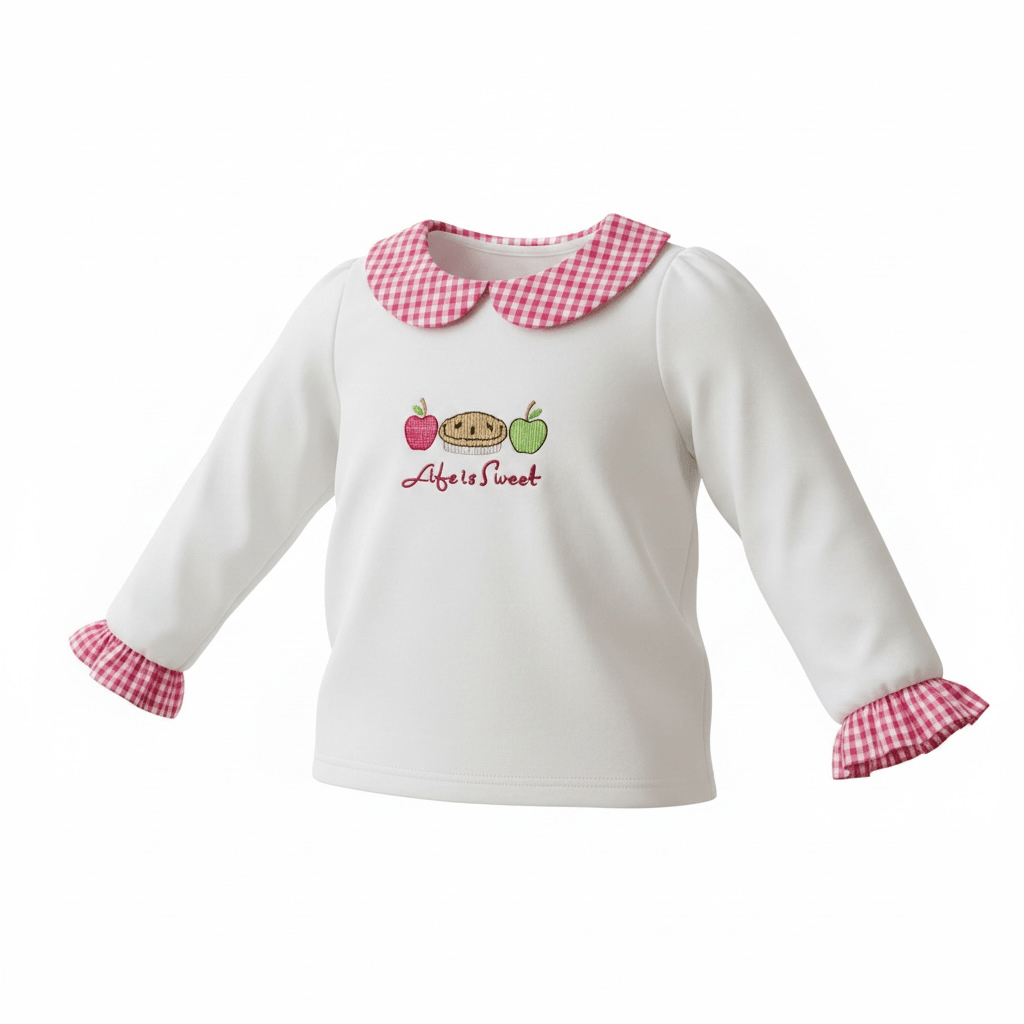 Life is Sweet Gingham Girls Outfit with Ruffled Sleeves and pants - Embroidered Apple Pie with Life is Sweet - Nonna J's