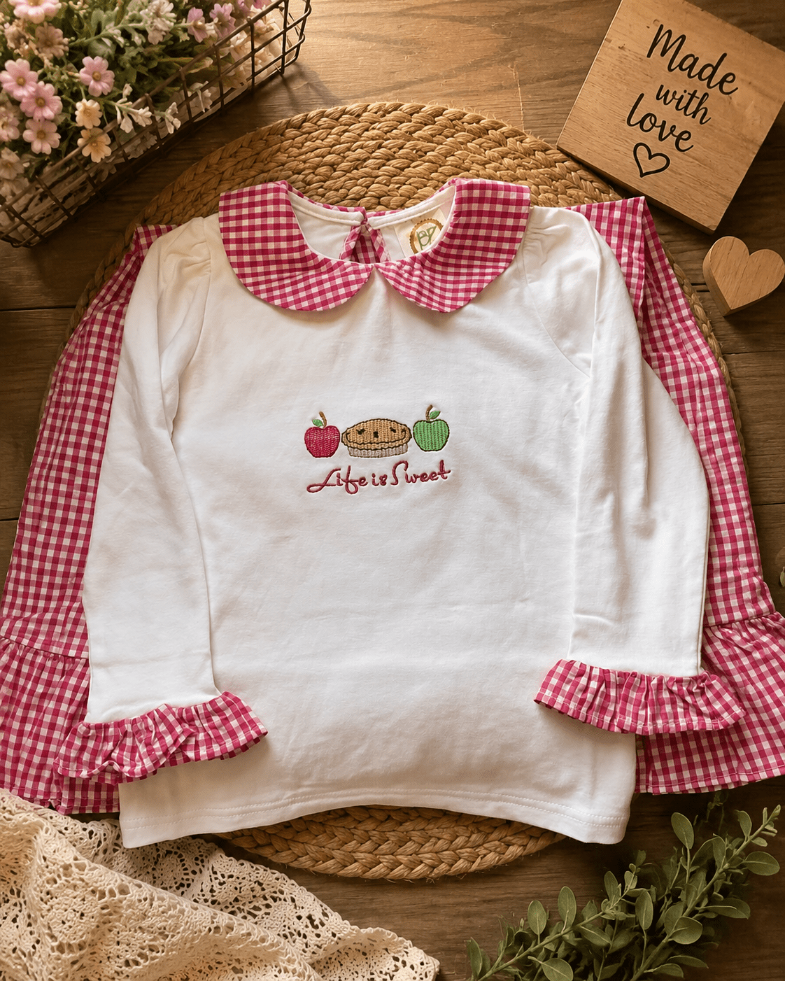 Life is Sweet Gingham Girls Outfit with Ruffled Sleeves and pants - Embroidered Apple Pie with Life is Sweet - Nonna J's