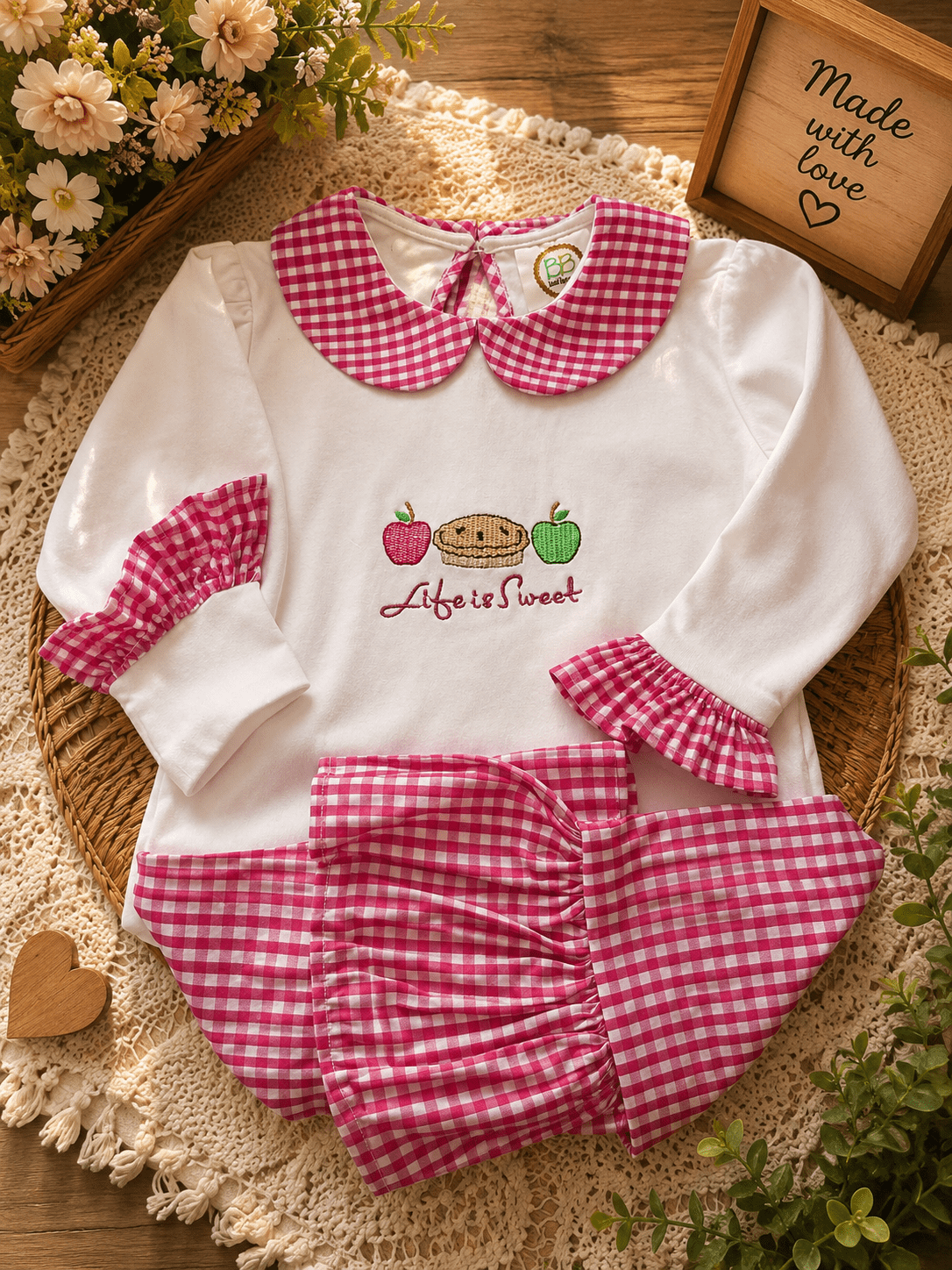 Life is Sweet Gingham Girls Outfit with Ruffled Sleeves and pants - Embroidered Apple Pie with Life is Sweet - Nonna J's
