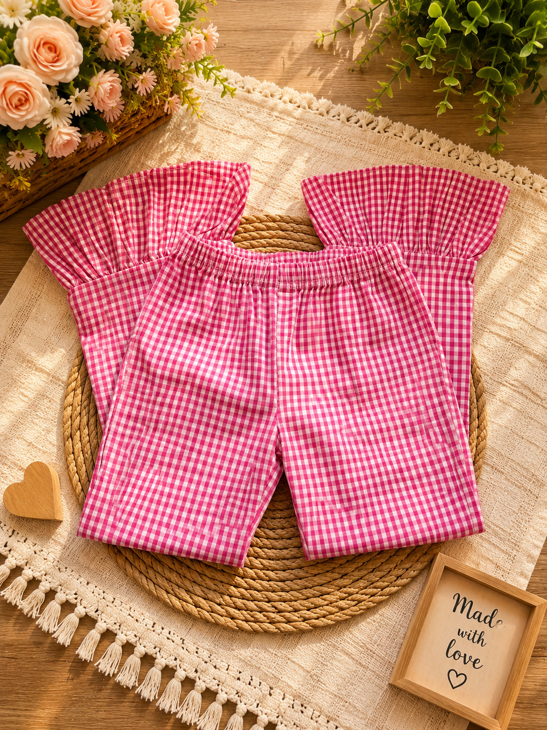 Life is Sweet Gingham Girls Outfit with Ruffled Sleeves and pants - Embroidered Apple Pie with Life is Sweet - Nonna J's