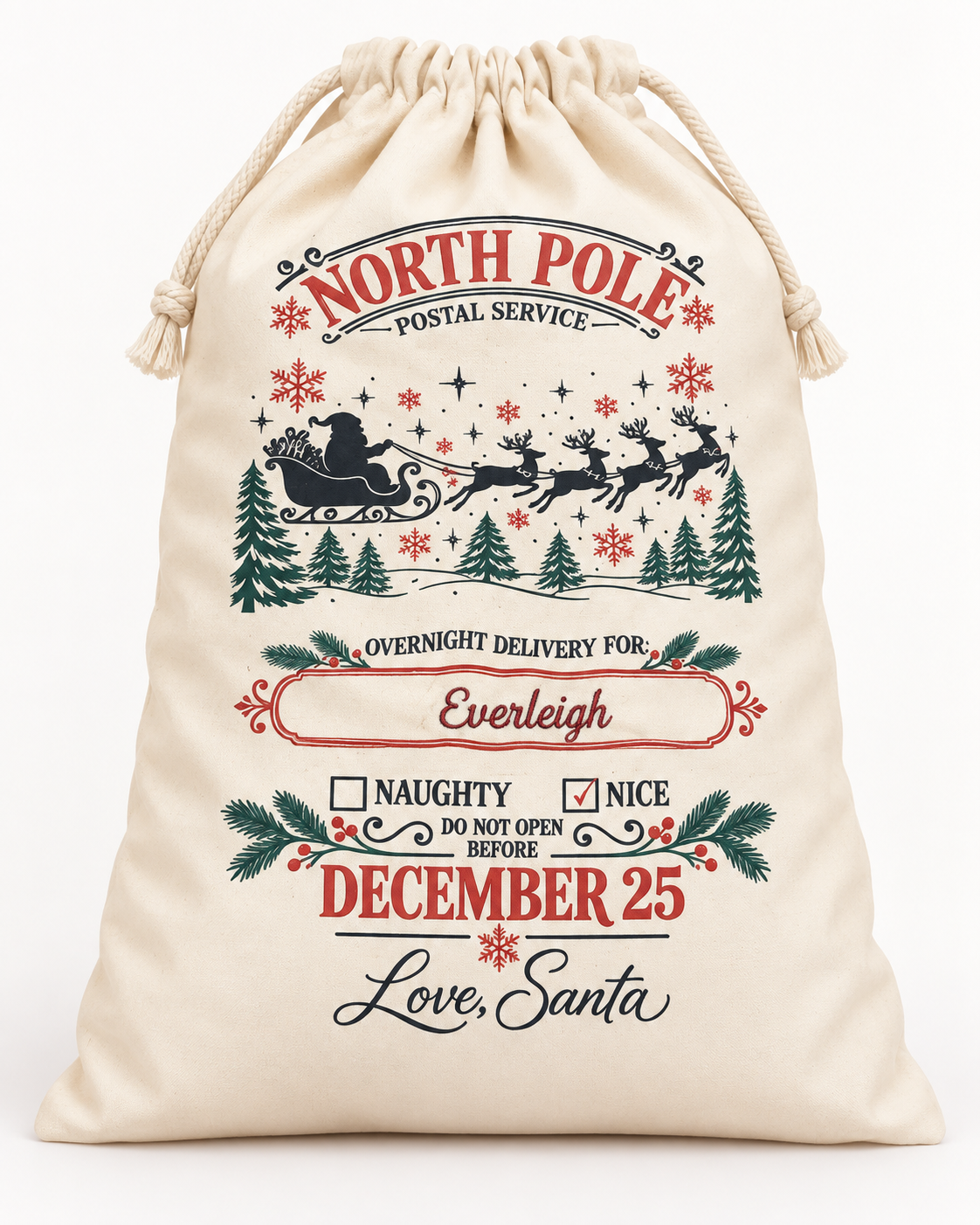 Full view of personalized North Pole Santa sack with embroidered name