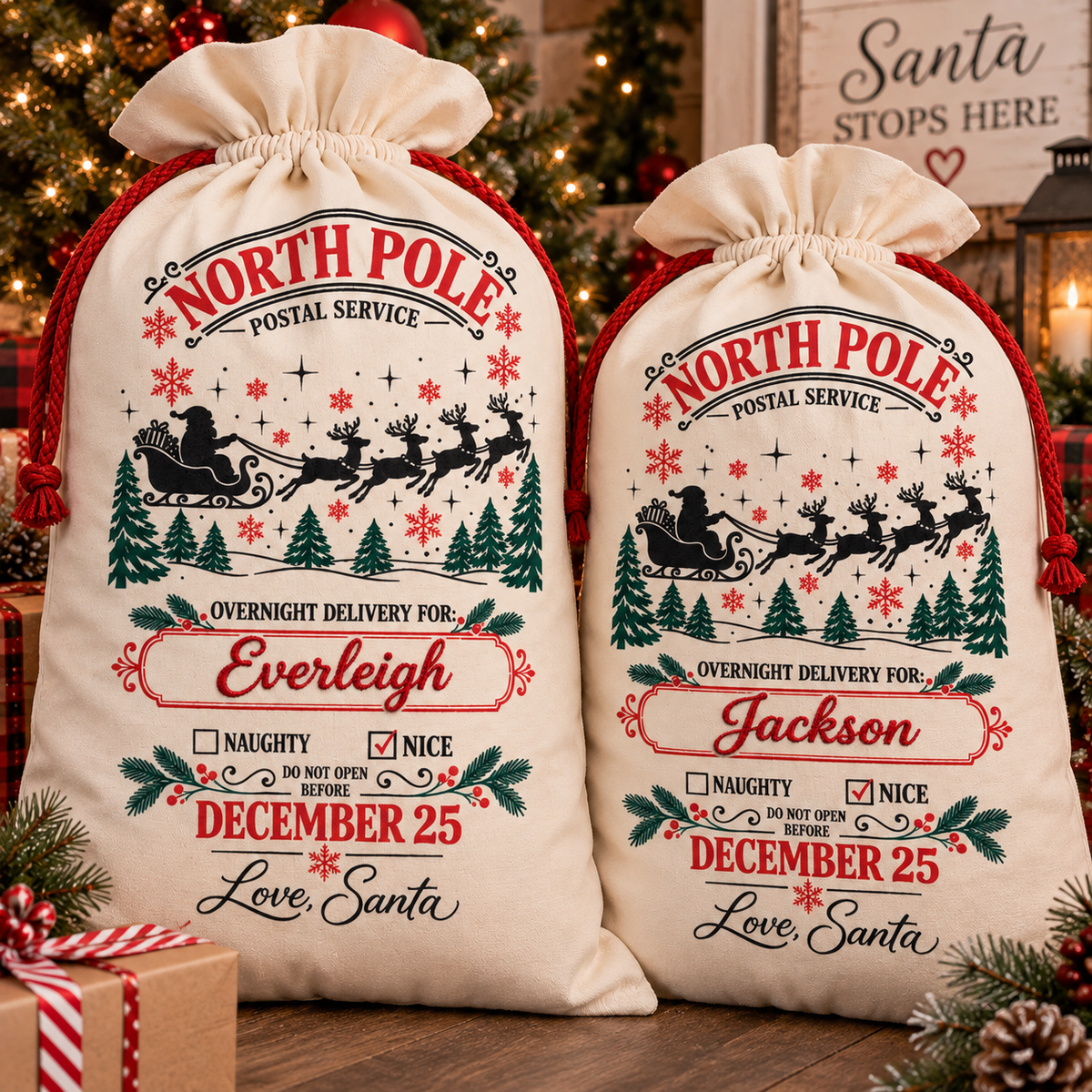 Personalized North Pole Santa sacks with embroidered names
